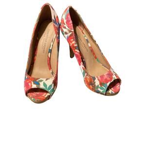 Size 7W Floral Open Toed Heels Christian Sirano for Payless Pink White Green